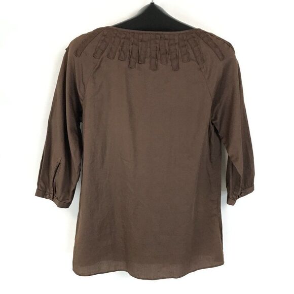 Talbots Split Neck Popover Top Women's Size Small Brown 3/4 Sleeve Textured Boho - Picture 3 of 10